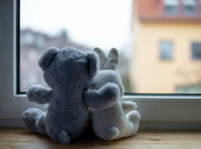 Dos animales de peluche frente a una ventana, uno tiene su brazo alrededor del otro